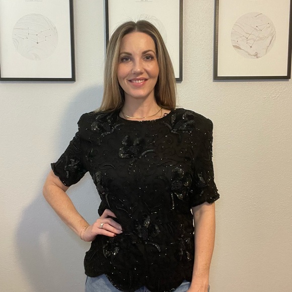 Stenay Tops - Vintage Black Beaded Silk Top